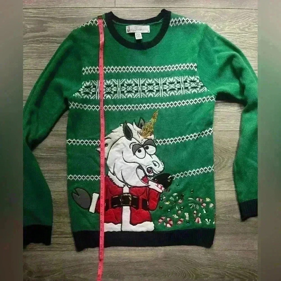 Jolly Sweaters Men’s Green Unicorn Holiday Christmas Sweater Bejeweled Size S - Picture 6 of 6